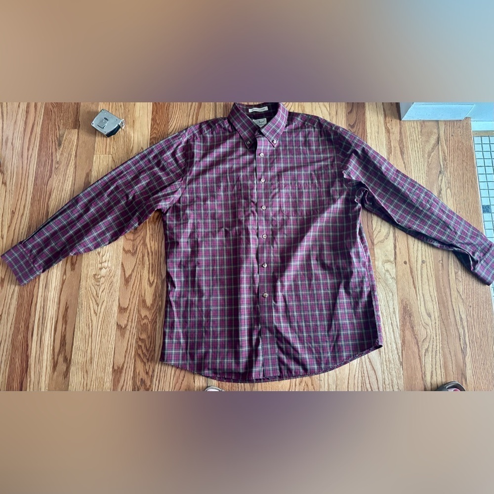 L.L. Bean Plaid Red/Green Button Down Shirt - Size Large - Wrinkle Resistant